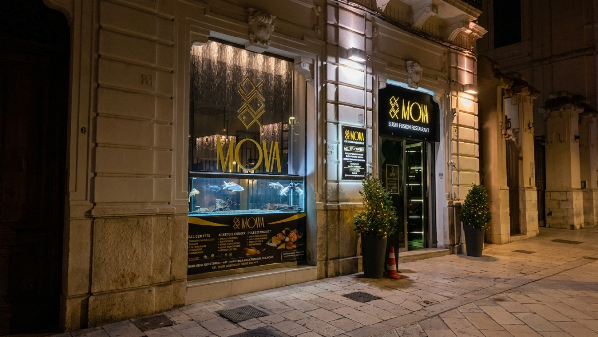 Ingresso del MOVA Sushi in Piazza della Vittoria a Brindisi